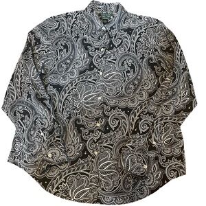 LAUREN RALPH LAUREN BUTTON DOWN SHIRT NON-IRON BLACK AND WHITE PAISLEY SIZE L
